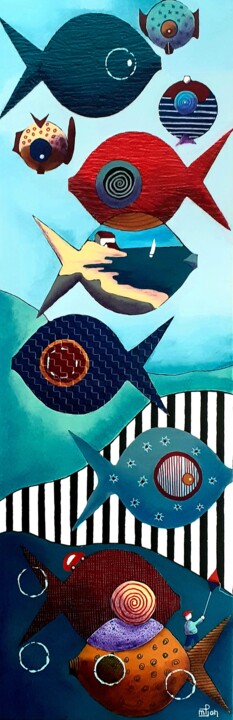 Painting titled "Bande de poissons 1" by Marie-Pierre Jan, Original Artwork, Acrylic Mounted on Wood Stretcher frame