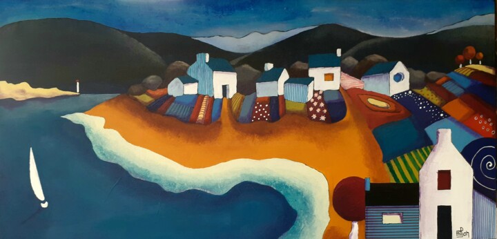 Painting titled "Village les pieds d…" by Marie-Pierre Jan, Original Artwork, Acrylic Mounted on Wood Stretcher frame