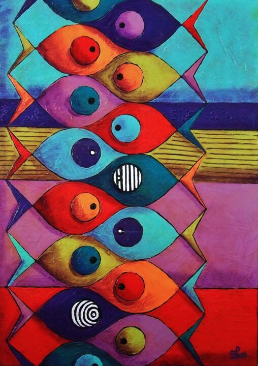 Painting titled "poissons-6" by Marie-Pierre Jan, Original Artwork, Acrylic