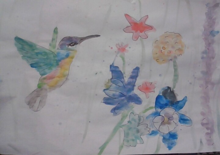 Painting titled "Colibri et fleurs" by Marie-Reine Yves Dit Régis, Original Artwork, Watercolor