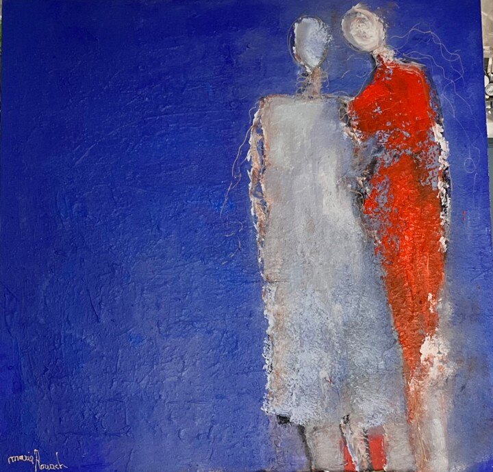 Painting titled "Personnages bleus" by Marie Rouach, Original Artwork, Acrylic Mounted on Wood Stretcher frame