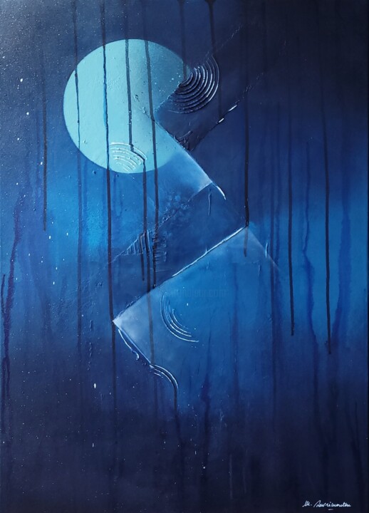 Painting titled "Blue Moon" by Marie Savrimoutou (Marie Artist), Original Artwork, Acrylic Mounted on Wood Stretcher frame
