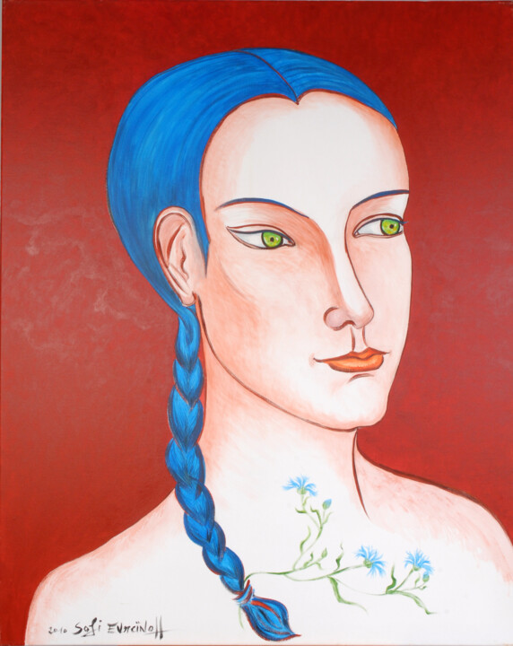 Painting titled "Déva aux bleuets" by Marie-Sophie Ewreïnoff (Sofi Ewreïnoff), Original Artwork, Acrylic
