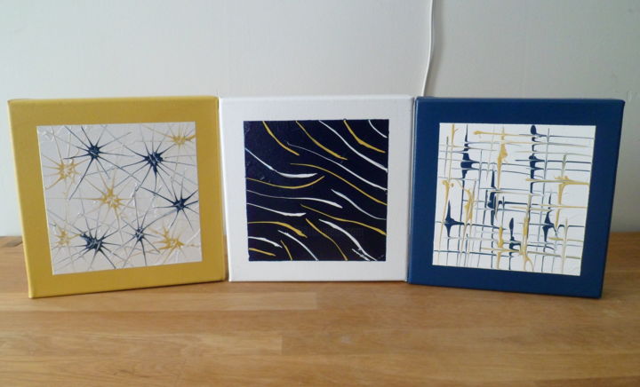 Triptyque peinture jaune moutarde bleu blanc Peinture par Marie Vinouse |  Artmajeur