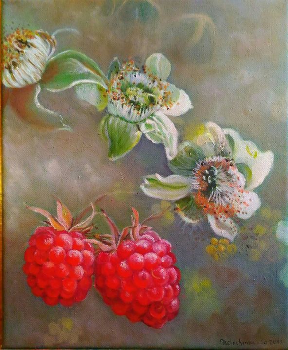 Painting titled "framboises" by Marie Ange Trichereau, Original Artwork, Oil