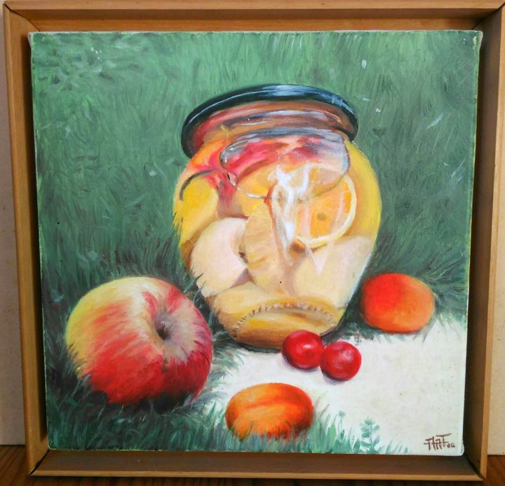 Painting titled "bocal de fruits" by Marie Ange Trichereau, Original Artwork, Oil