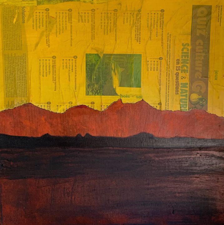 Collages intitulée "MONTAGNE CIEL JAUNE…" par Marie Anne Baron, Œuvre d'art originale, Acrylique