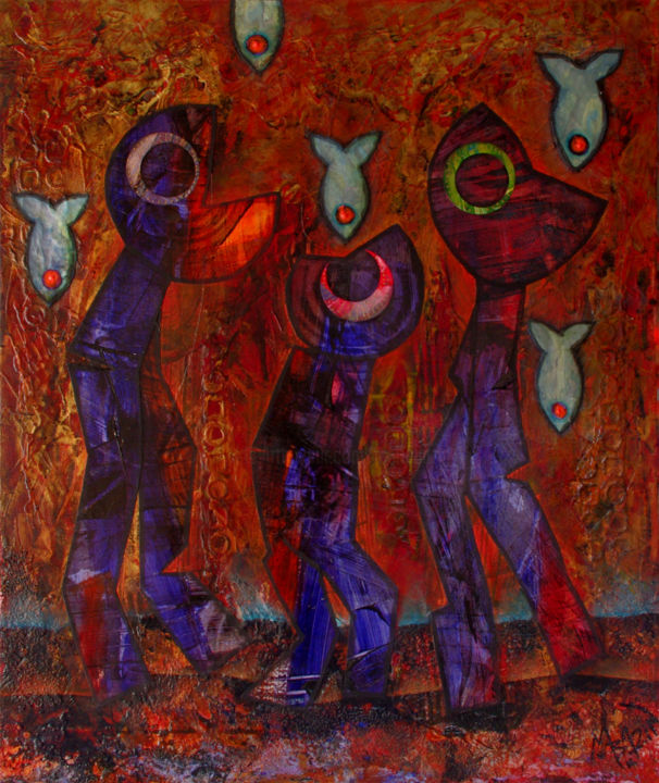 Painting titled "LES FLAMBEURS" by Marie Bazin, Original Artwork, Acrylic Mounted on Wood Stretcher frame