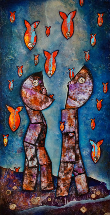 Painting titled "LES REGARDEURS" by Marie Bazin, Original Artwork, Acrylic Mounted on Wood Stretcher frame