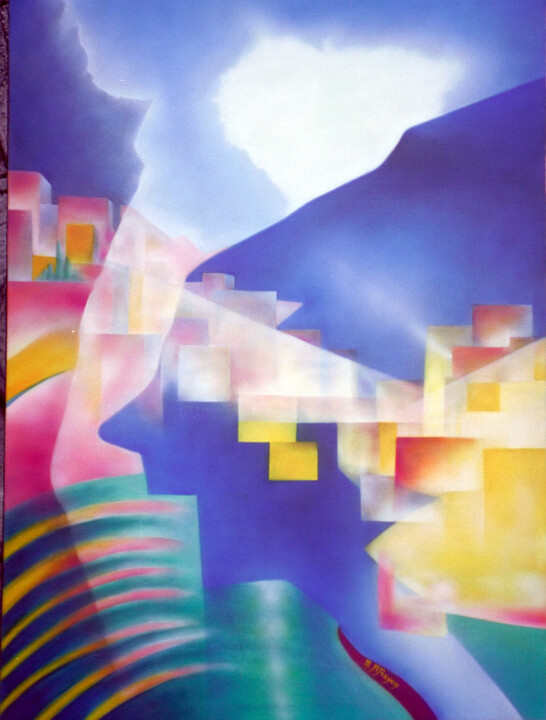 Peinture intitulée ""Ville de Lumière"" par Marie-Blanche Bayon, Œuvre d'art originale, Acrylique Monté sur Châssis en bois