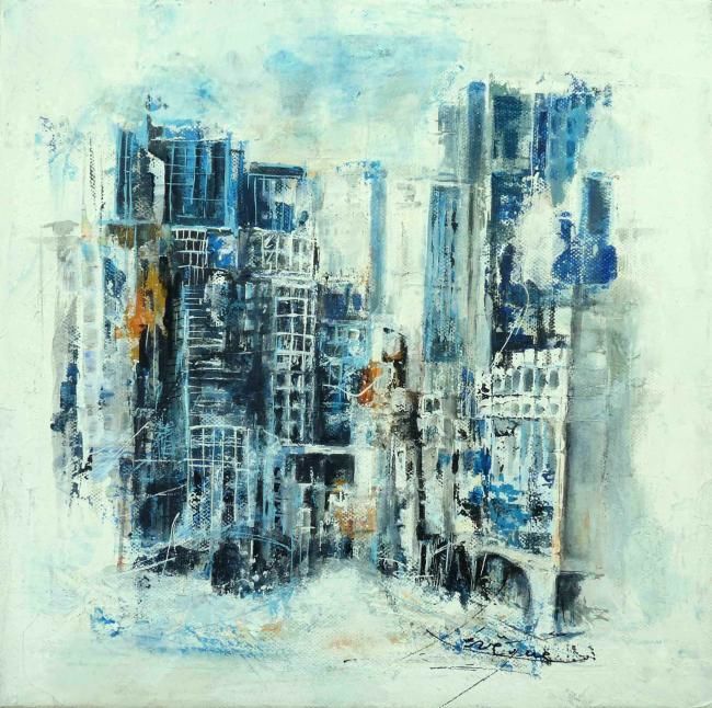 Painting titled "cité bleue" by Marie-Pierre Lévêque, Original Artwork, Oil