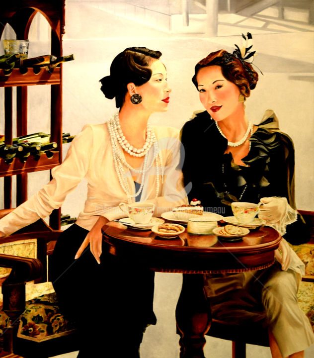 Painting titled "Pause café" by Houmeau-Glowicki, Original Artwork, Oil