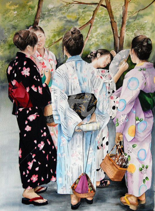 Painting titled "Rendez-vous à Ueno" by Houmeau-Glowicki, Original Artwork, Watercolor