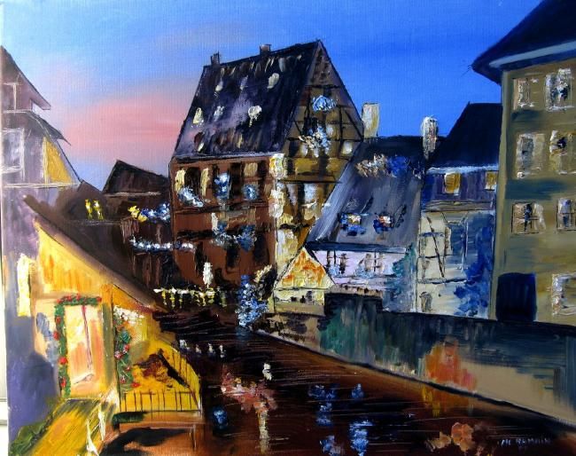 Pintura intitulada "une nuit à Colmar" por Marie Claude Ramain, Obras de arte originais