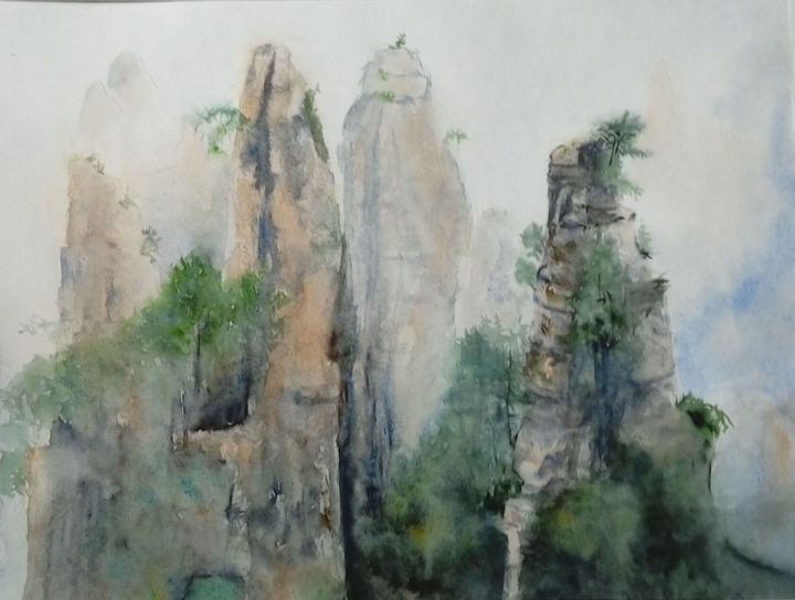 Painting titled "Montagnes chinoises…" by Marie-Françoise Vigreux, Original Artwork, Watercolor