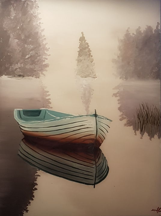 Peinture intitulée "barque sur l'eau" par Hubė Marie-France - Peinture À L'Huile S, Œuvre d'art originale, Huile
