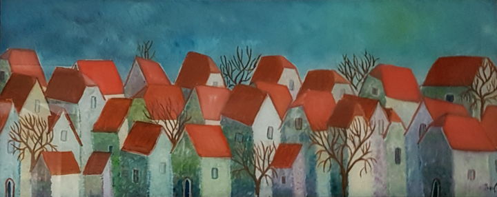 绘画 标题为“toits rouges” 由Hubė Marie-France - Peinture À L'Huile S, 原创艺术品, 油
