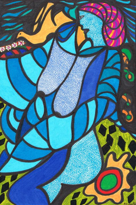 Dessin intitulée "femme bleue" par Marie-José Sintes, Œuvre d'art originale, Marqueur