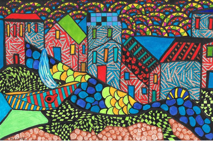 Dessin intitulée "village" par Marie-José Sintes, Œuvre d'art originale, Acrylique