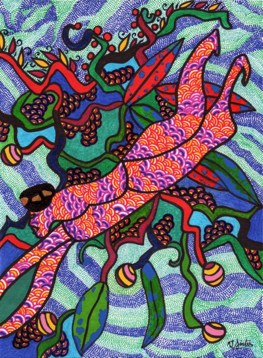 Drawing titled "Plongeon" by Marie-José Sintes, Original Artwork, Marker