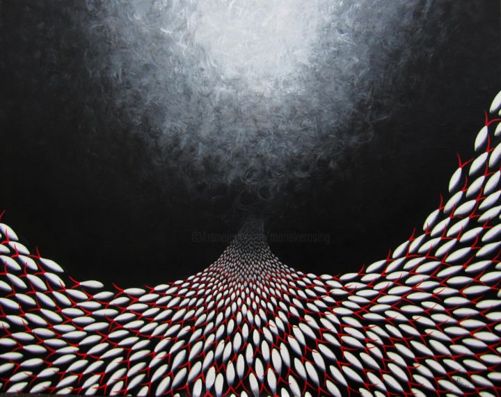 Schilderij getiteld "Oceaan zwart/rood" door Marieke Rosing, Origineel Kunstwerk, Acryl