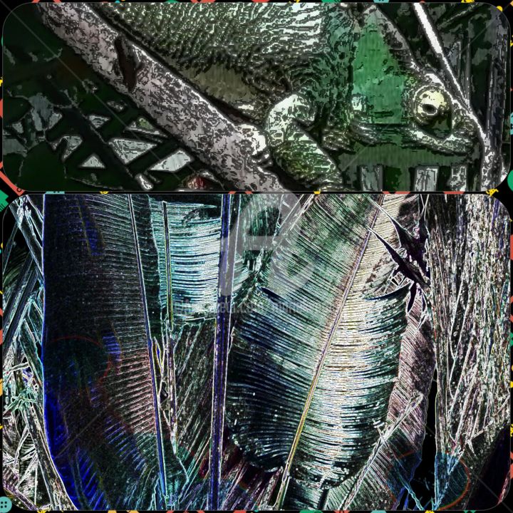 Arte digitale intitolato "cameleon -jungle" da Mariekverbois, Opera d'arte originale, Fotomontaggio
