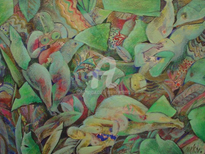 Peinture intitulée "jardin des elfes" par Mariekverbois, Œuvre d'art originale
