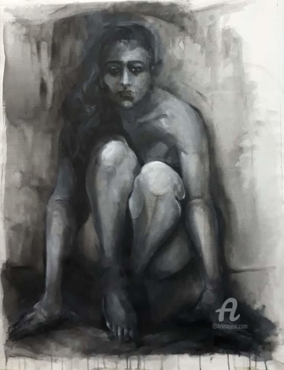 Pintura titulada "Agazapada/ Crouched" por Mariela Monges Aréjola, Obra de arte original, Acrílico