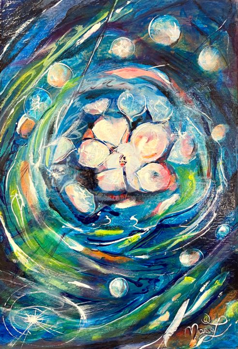 Painting titled "" A Fleur d'eau"" by Marie Laplace, Original Artwork, Acrylic Mounted on Wood Stretcher frame