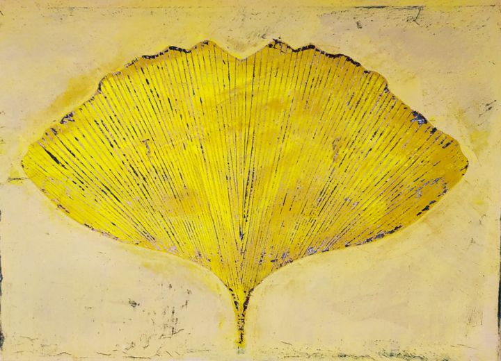 Painting titled "Feuille de Ginkgo" by Marie-Laure Abboubi, Original Artwork, Pigments Mounted on Wood Stretcher frame
