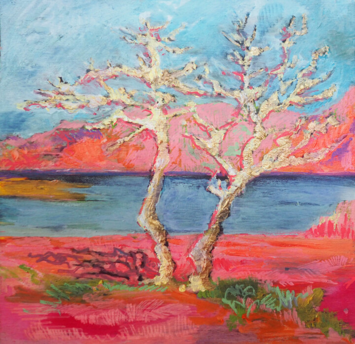 Painting titled "lac rose" by Marieline Gerard, Original Artwork, Acrylic