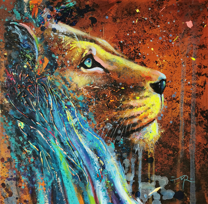 Painting titled "Lion libre" by Marielle Ritlewski, Original Artwork, Acrylic