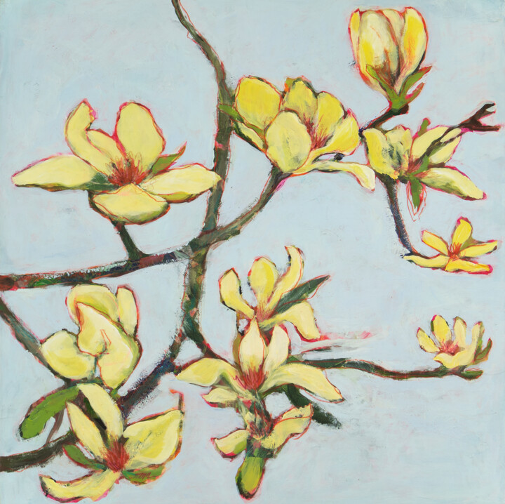 Painting titled "Les magnolias jaunes" by Marielle Robichaud, Original Artwork, Acrylic Mounted on Wood Stretcher frame