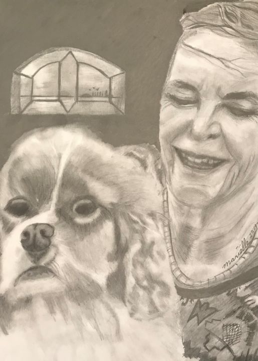Drawing titled "Lady with the dog" by Mariëlle Van Woudenberg, Original Artwork, Paper