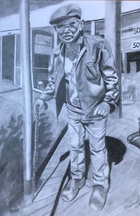 Drawing titled "Man with the wooden…" by Mariëlle Van Woudenberg, Original Artwork, Pencil