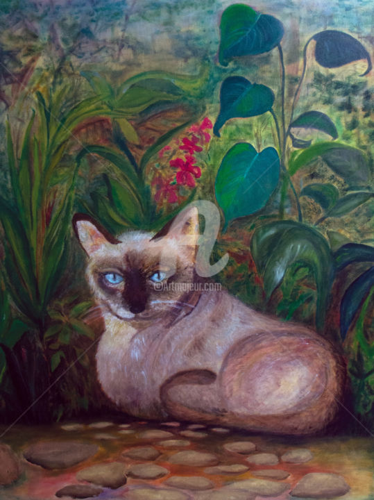 Painting titled "Sunset Feline" by Marie Loh, Original Artwork, Oil