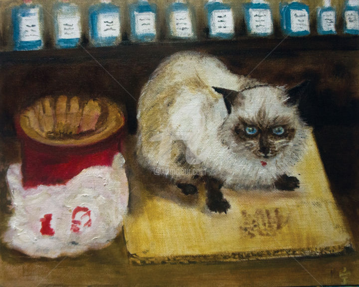 Картина под названием "The Cat and the Chi…" - Marie Loh, Подлинное произведение искусства, Масло