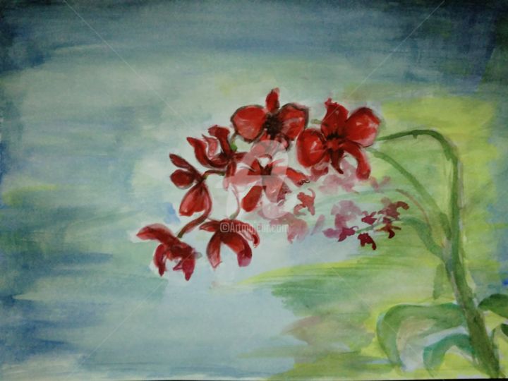 Painting titled "Orchids by the Moon…" by Marie Loh, Original Artwork, Watercolor