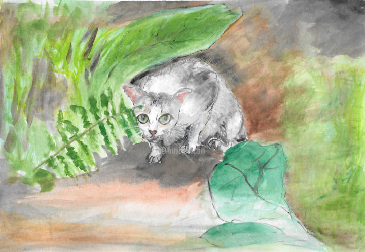 Painting titled "Cat's secret hideout" by Marie Loh, Original Artwork, Watercolor