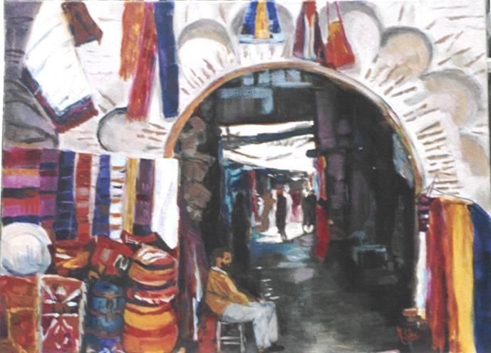Painting titled "souk à Marrakech" by Marie Luce Bravard-Quittançon, Original Artwork