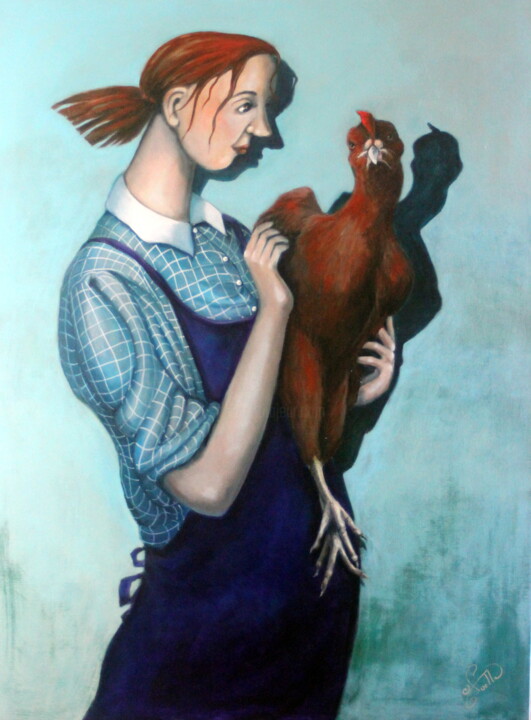 Painting titled "Curiosité de poulet" by Marie-Noëlle Lapouge, Original Artwork, Acrylic Mounted on Wood Stretcher frame