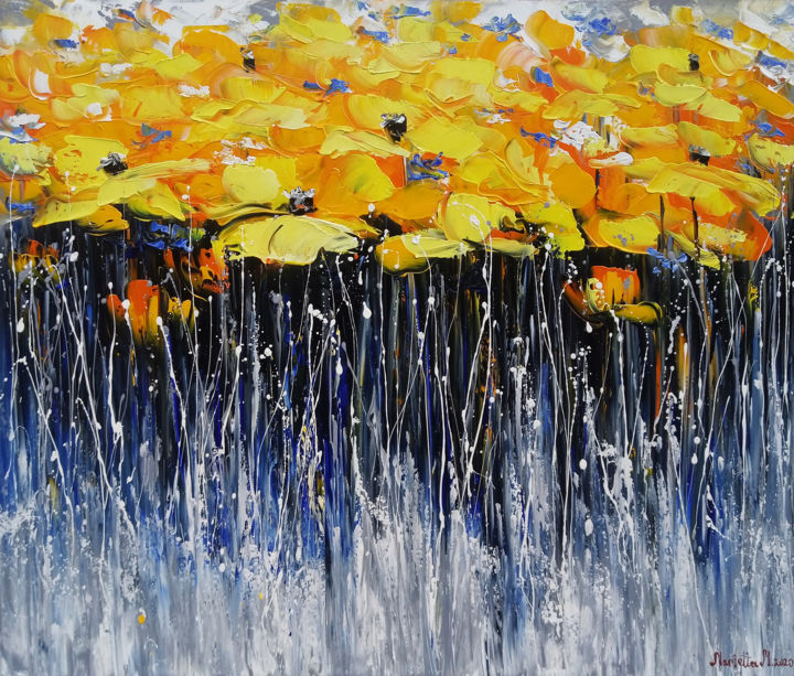 Schilderij getiteld "Field of yellow tul…" door Janna, Origineel Kunstwerk, Olie Gemonteerd op Frame voor houten brancard