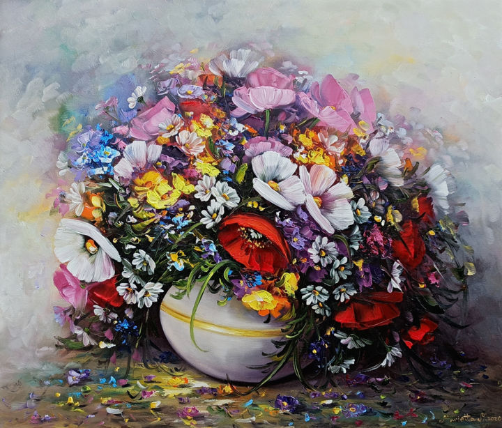 Картина под названием "Colorful Wild flowe…" - Janna, Подлинное произведение искусства, Масло Установлен на Подрамник