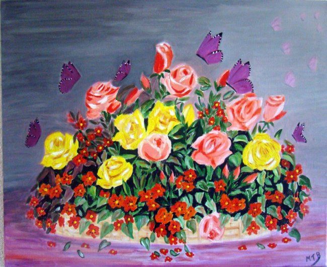 Painting titled "roses et papillons" by Marie Therese Bas, Original Artwork, Oil