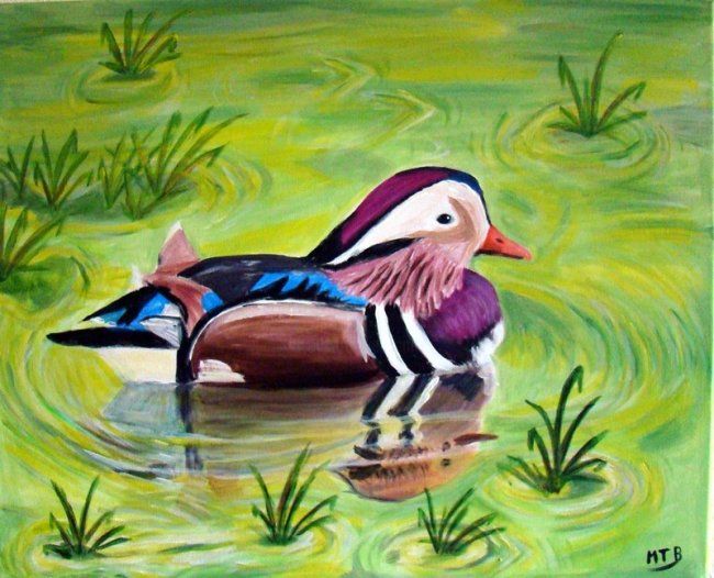 Painting titled "un canard dans la m…" by Marie Therese Bas, Original Artwork, Oil