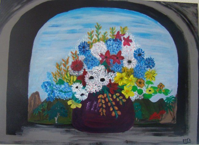 Painting titled "bouquet a la fenêtre" by Marie Therese Bas, Original Artwork, Oil
