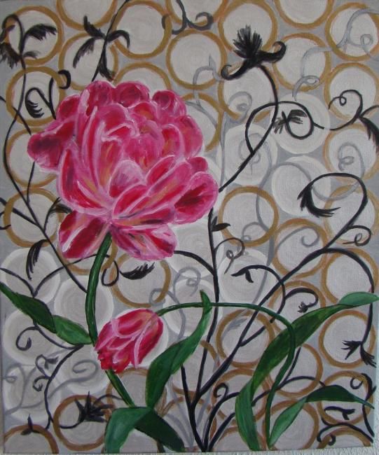 Painting titled "belle pivoine" by Marie Therese Bas, Original Artwork, Oil