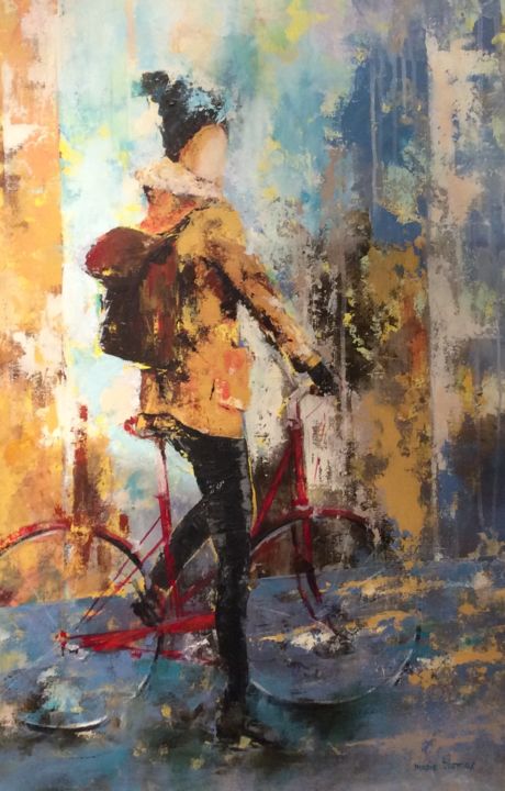 Painting titled "à vélo" by Marie Thomas, Original Artwork, Acrylic Mounted on Wood Stretcher frame