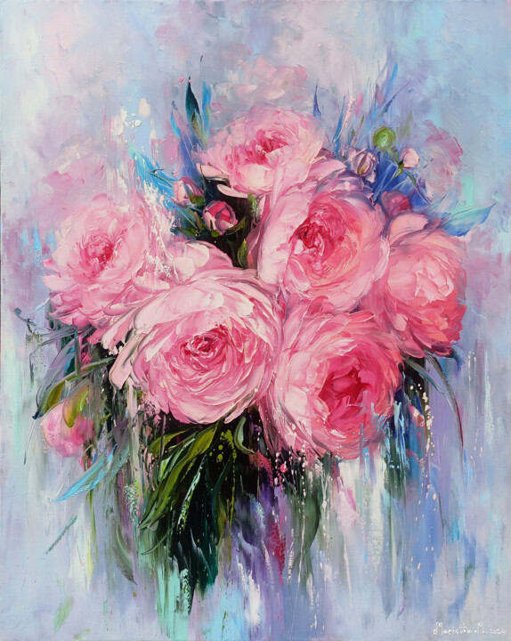Painting titled "Serenade in Pink" by Marietta Martirosyan, Original Artwork, Oil Mounted on Wood Stretcher frame