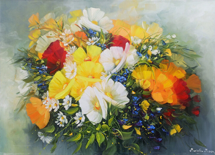 Painting titled "Sunlit Blooms" by Marietta Martirosyan, Original Artwork, Oil Mounted on Wood Stretcher frame